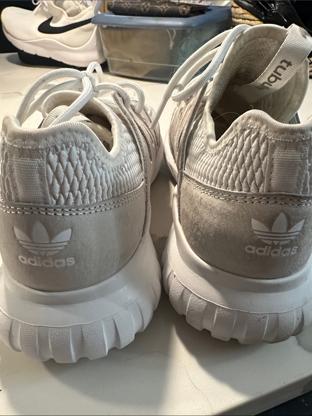 adidas Women’s White and Taupe Slip-On Knit Sneakers